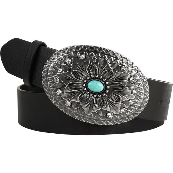 Accessories - Woman's Black Western Leather Belts Cowgirl Concho Belt With Turquoise Buckle